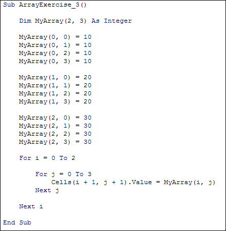 Excel VBA code showing a multi dimensional array in a  for loop