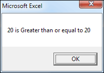 Excel VBA Message box demonstrating Greater than or equal to