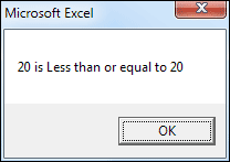 Excel VBA Message box demonstrating Less than or equal to
