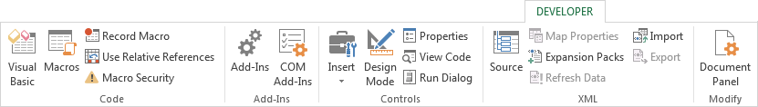 The Developer ribbon added to Excel
