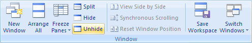 The Unhide option on the Window Ribbon