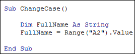 Excel VBA code with an As String variable set up