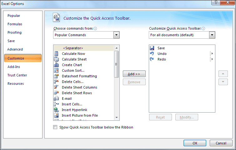 The Customize tab in Excel Options