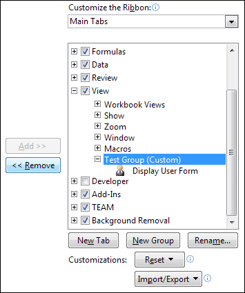 Remove an item from the Excel ribbon